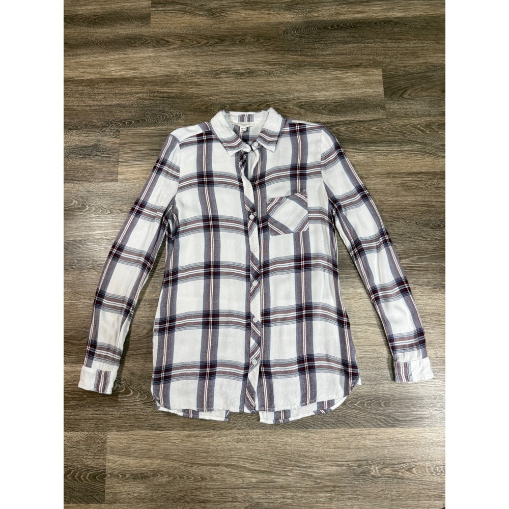 Beachlunchlounge Plaid Button‎ Down Shirt Womens XS White Blue Red Rayon